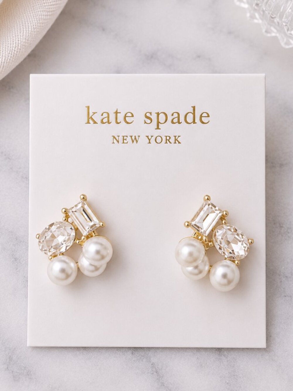 Kate Spade Pearl Crystal Cluster Stud Earrings Gold Bridal Statement Jewelry